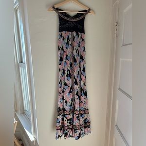 Free People Floral Maxi Embroidered Dress Halter Crochet Laced Large